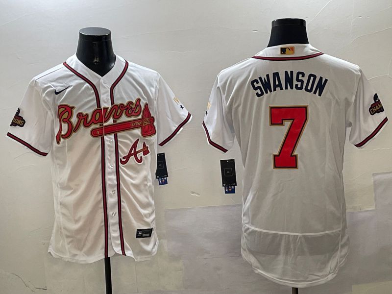 Men Atlanta Braves #7 Swanson White Gold Elite 2025 Nike MLB Jersey style 1->atlanta braves->MLB Jersey